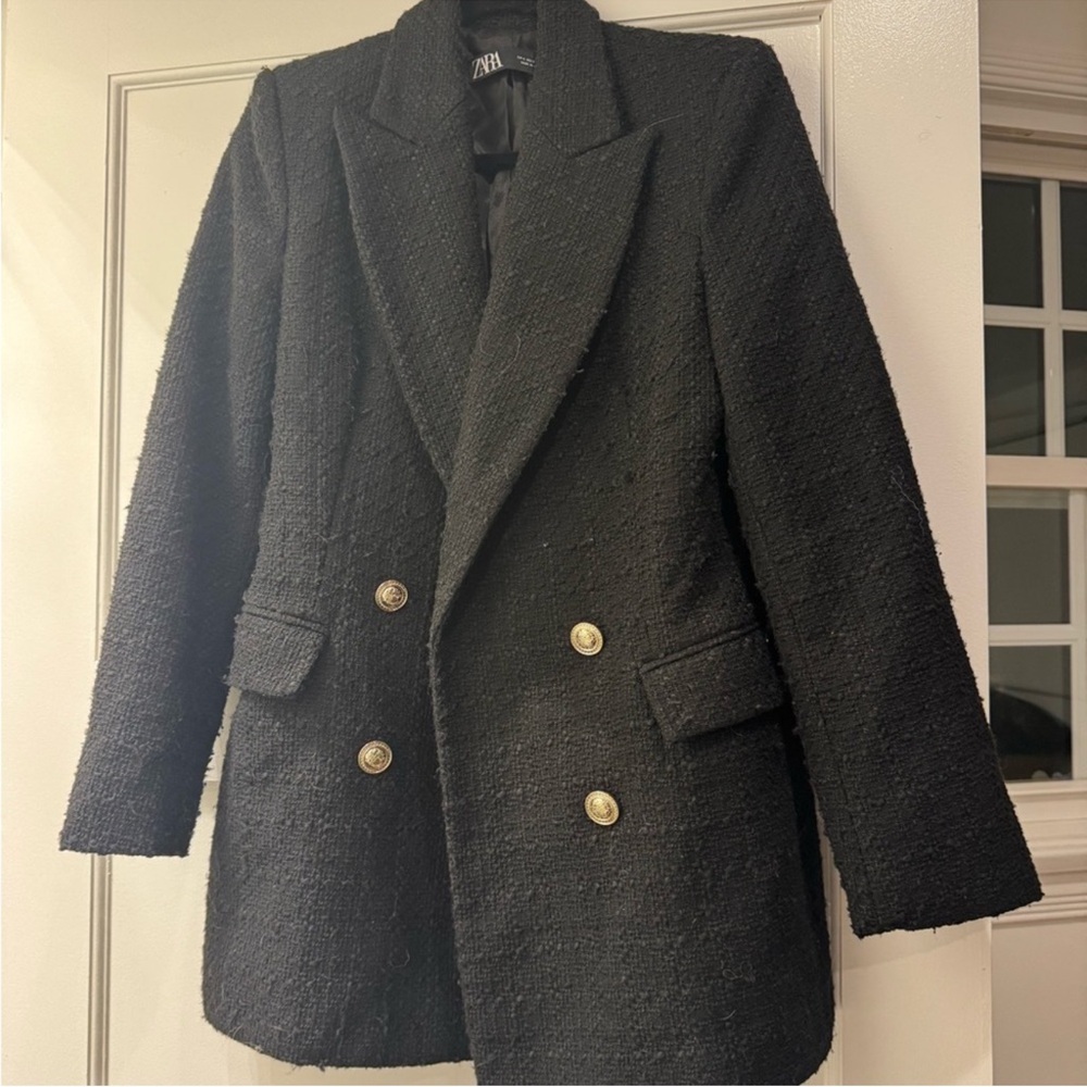 Zara Women's Textured Black Blazer with Gold Buttons